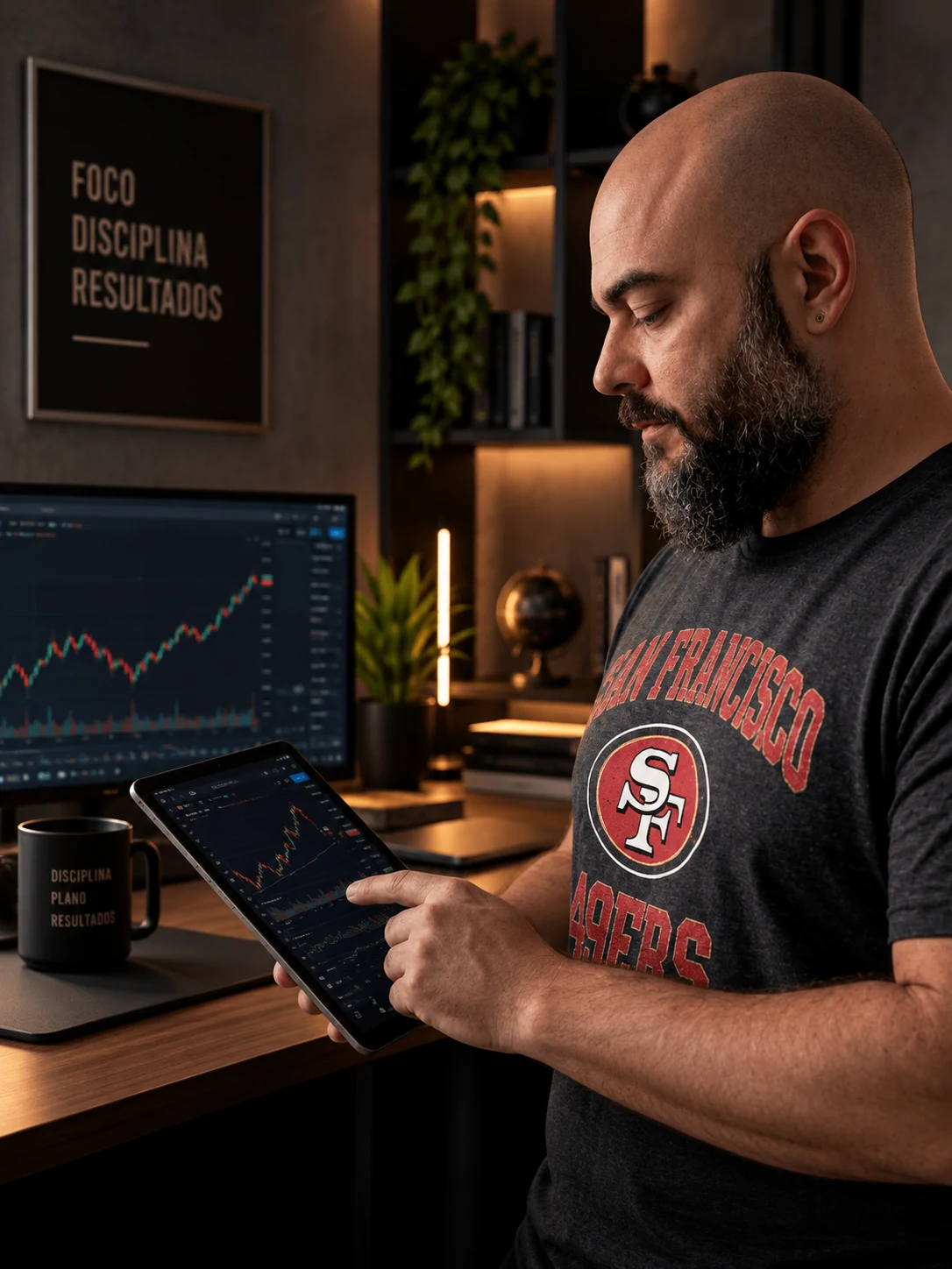Rogério Fernandes analisando o mercado em seu tablet